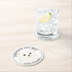 Personalised White Long Haired Chihuahua Wedding Round Paper Coaster