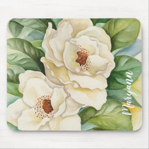 Personalised White Magnolia Flowers Watercolor Mouse Mat