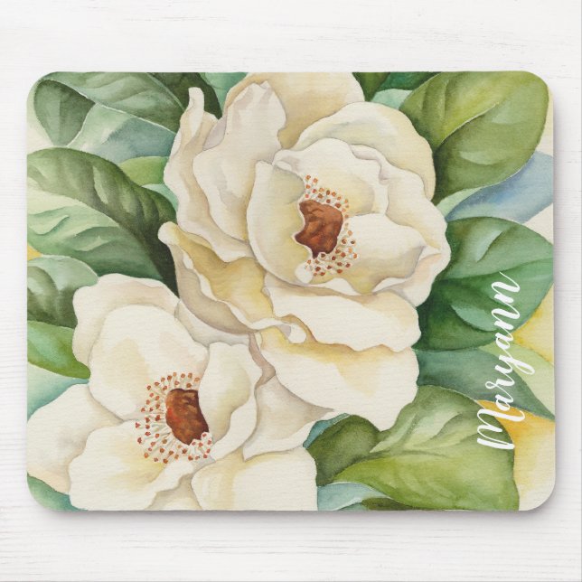Personalised White Magnolia Flowers Watercolor Mouse Mat (Front)