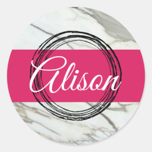 Personalised white marble, pink and black stickers