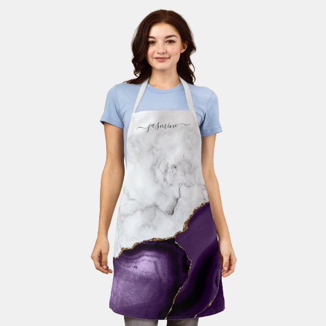 Personalised White Marble Purple Gold Agate Apron (Worn)