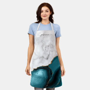 Personalised White Marble Teal Blue Gold Agate Apron