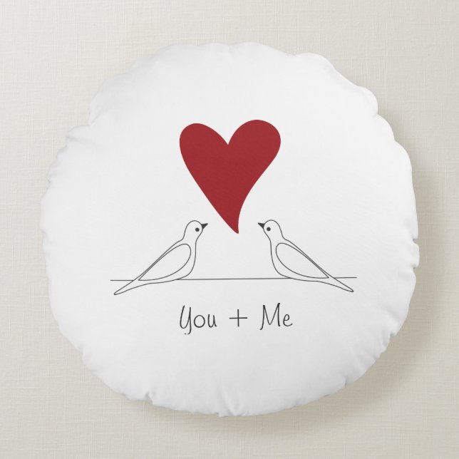 Personalised White Modern Birds in Love Red Heart Round Cushion (Front)