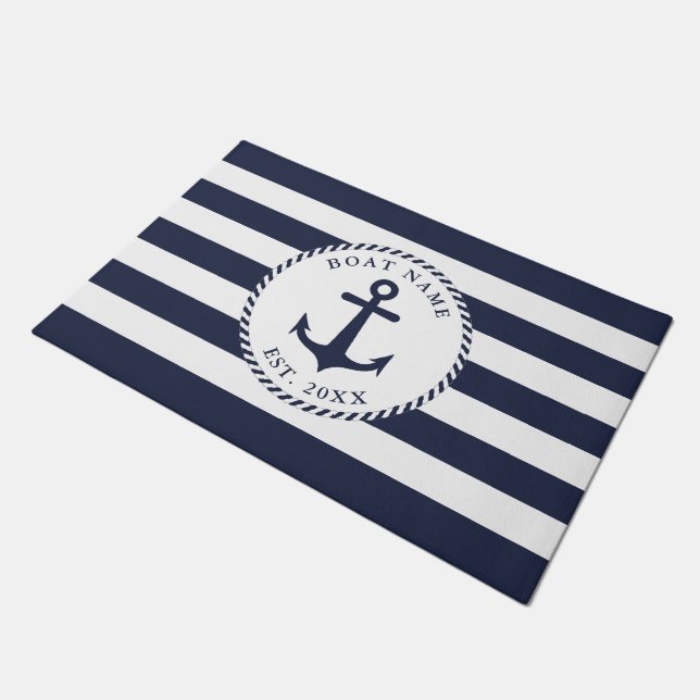 Personalised White Navy Blue Nautical Anchor Doormat (Angled)