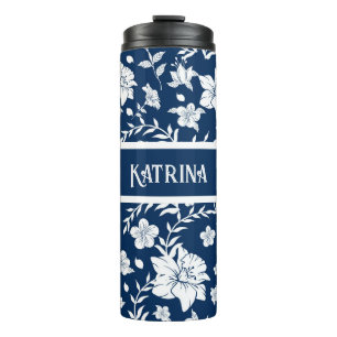 Personalised White Navy Floral Decorative Tumbler
