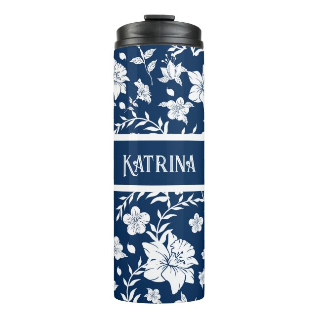 Personalised White Navy Floral Decorative Tumbler (Front)