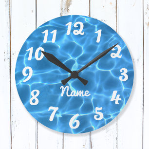 Personalised White Number Aqua Blue Swimming Pool Round Clock