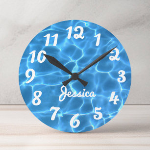 Personalised White Number Aqua Blue Swimming Pool Round Clock