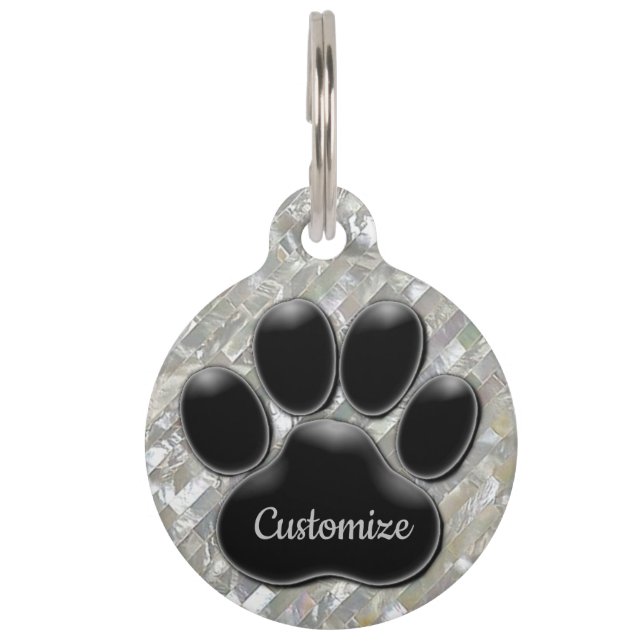Personalised White Pearl Black Paw Print Pet Tag (Front)