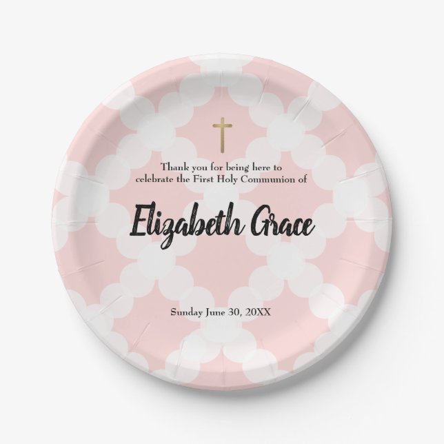 Personalised White Pink Gold Cross First Communion Paper Plate (Front)
