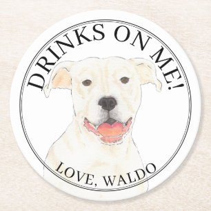 Personalised White Pitbull Staffy Dog Wedding Round Paper Coaster