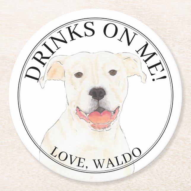 Personalised White Pitbull Staffy Dog Wedding Round Paper Coaster (Front)