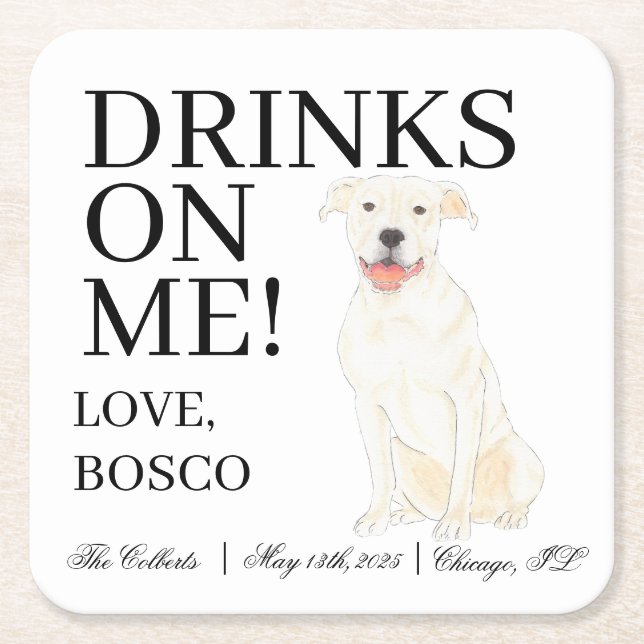 Personalised White Pitbull Staffy Dog Wedding Square Paper Coaster (Front)