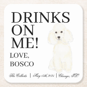 Personalised White Poodle Dog Wedding Square Paper Coaster
