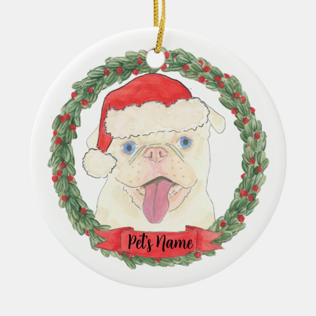 Personalised White Pug Ceramic Tree Decoration (Front)