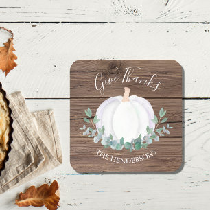 Personalised White Pumpkin Eucalyptus Thanksgiving Square Paper Coaster