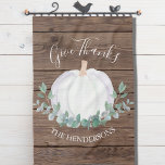 Personalised White Pumpkin Eucalyptus Thanksgiving Tea Towel<br><div class="desc">This rustic Thanksgiving kitchen towel is decorated with a white watercolor pumpkin and eucalyptus in soft shades of green on a barn wood background. It says "Give Thanks" in stylish script typography. Easily customisable. Makes a great hostess gift. As we create our artwork you won't find this exact image from...</div>