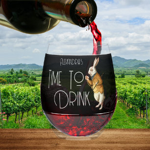 Personalised  White Rabbit Time To Drink Stemless Wine Glass