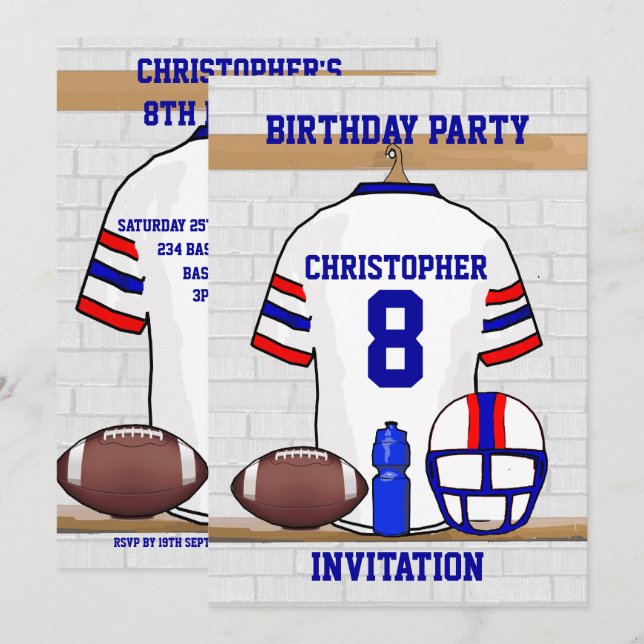 Personalised White RB Football Jersey Birthday Invitation (Front/Back)