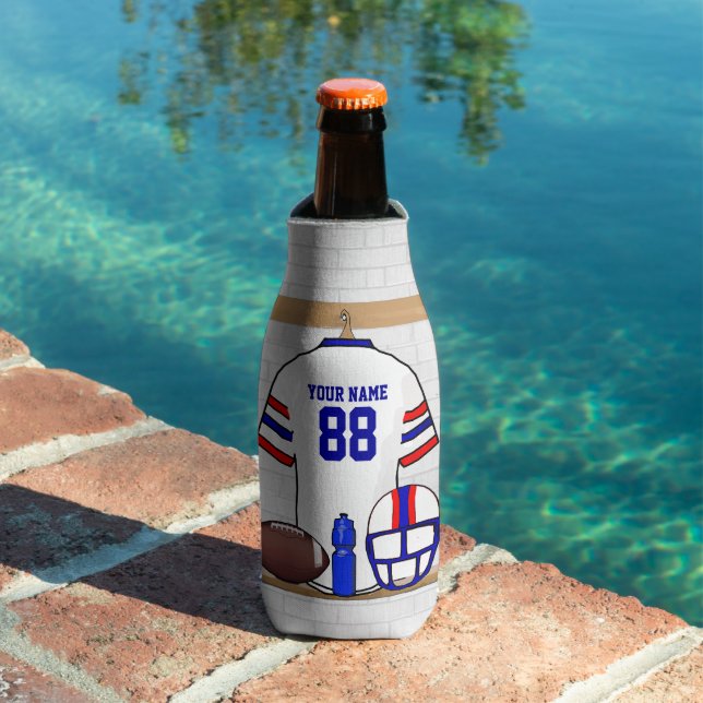 Personalised White Red Blue Football Jersey Bottle Cooler (In Situ Pool)