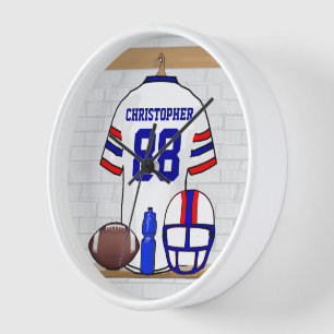 Personalised White Red Blue Football Jersey Clock