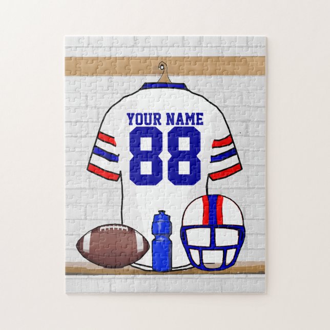 Personalised White Red Blue Football Jersey Jigsaw Puzzle (Vertical)