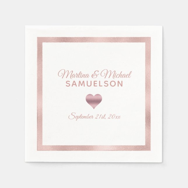 Personalised White Rose Gold Heart Frame Wedding Napkin (Front)