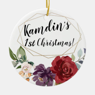 Personalised White Roses Gold Geometric Flor Ceramic Tree Decoration