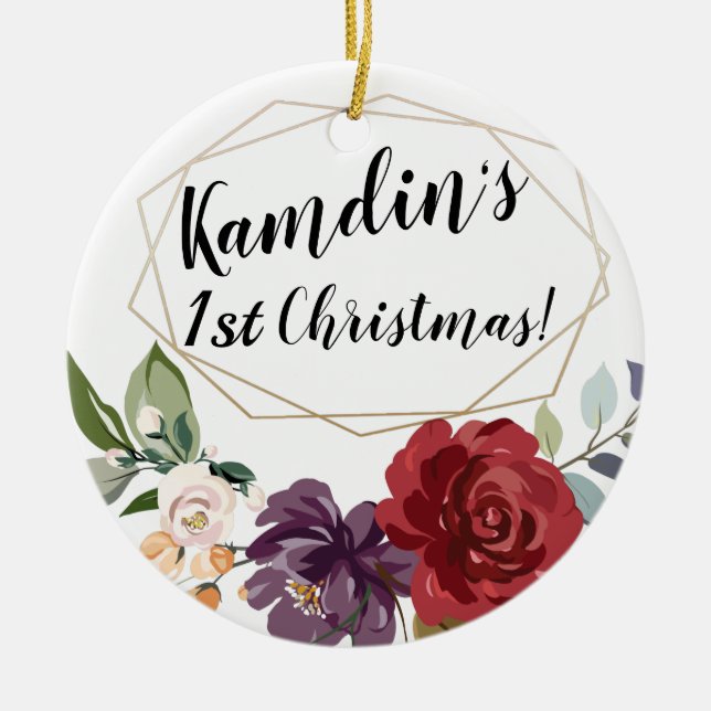 Personalised White Roses Gold Geometric Flor Ceramic Tree Decoration (Front)