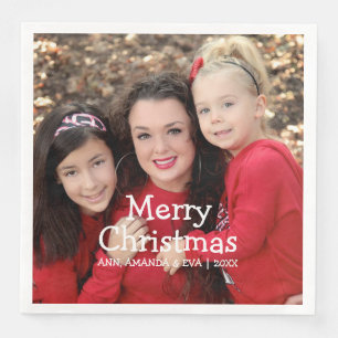 Personalised White Script Merry Christmas Photo Napkin