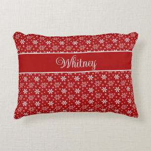 Personalised White Snowflakes on Red Decorative Cushion