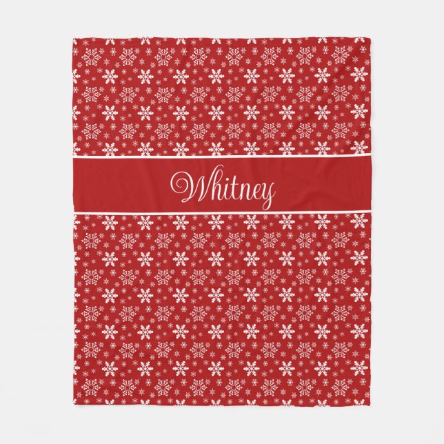 Personalised White Snowflakes on Red  Fleece Blanket (Front)