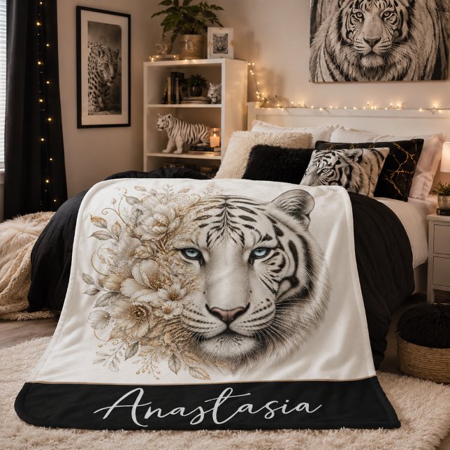 Personalised White Tiger Sherpa Blanket with Name  (Creator Uploaded)