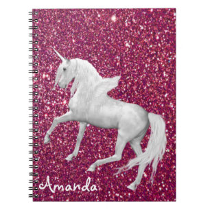Personalised white unicorn dark pink glitter glam notebook