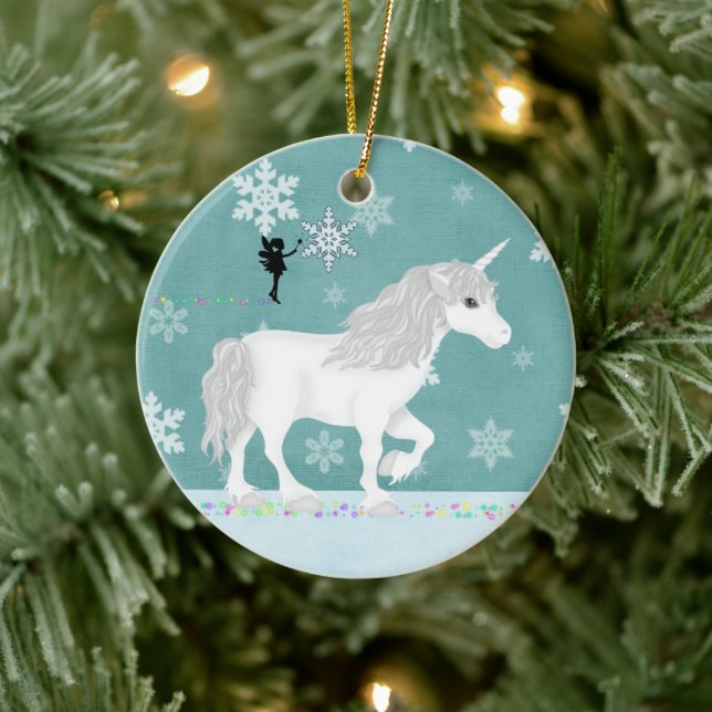 Personalised White Unicorn, Fairy and Snowflakes Ceramic Tree Decoration (Tree)