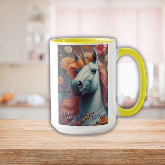Personalised White Unicorn Flower Portrait Mug