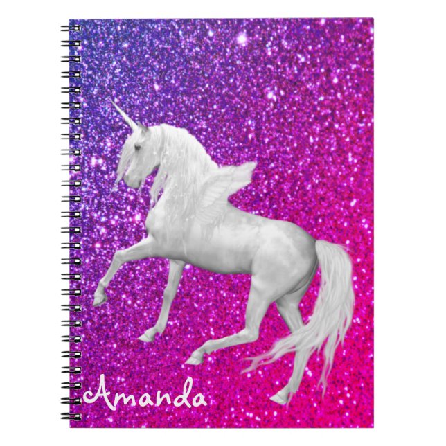 Personalised white unicorn pink purple glam notebook (Front)