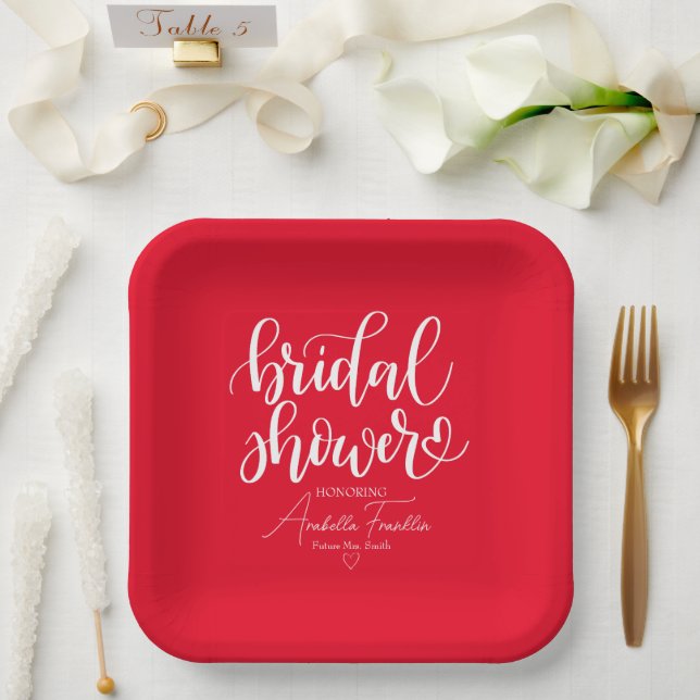 Personalised White Wedding Bridal Shower Red Paper Plate (Wedding)