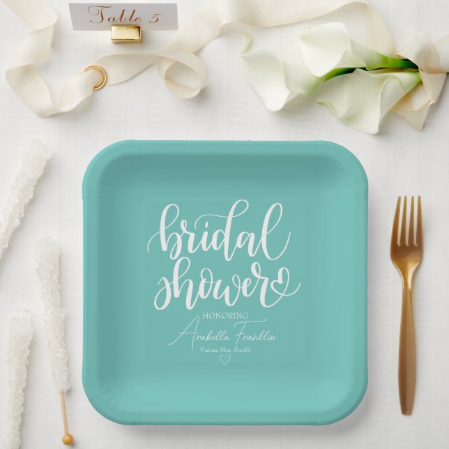 Personalised White Wedding Bridal Shower Teal Paper Plate (Wedding)