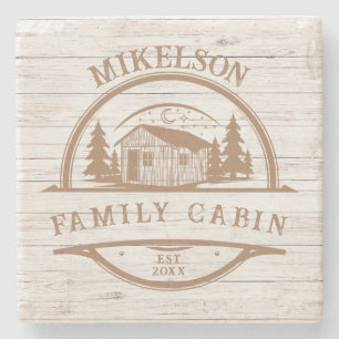Personalised White Wood Family Cabin Stone Coaster