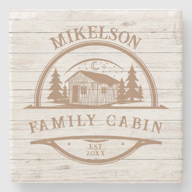 Personalised White Wood Family Cabin Stone Coaster (Front)