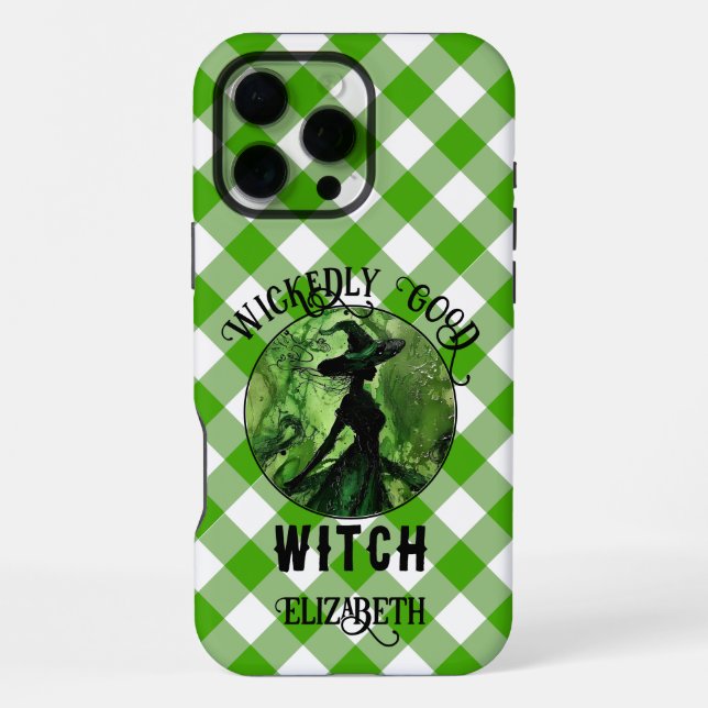 Personalised Wickedly Good Witch Green Gingham iPhone Case (Back)