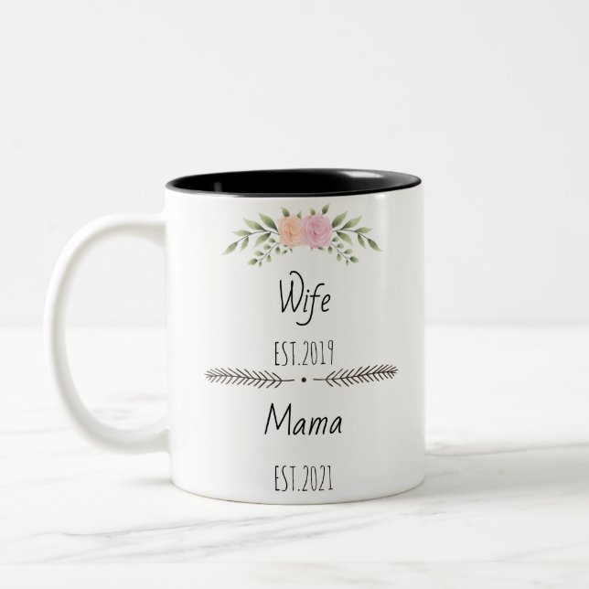 Personalised Wife Mama Est Custom Year, flowers Two-Tone Coffee Mug (Left)