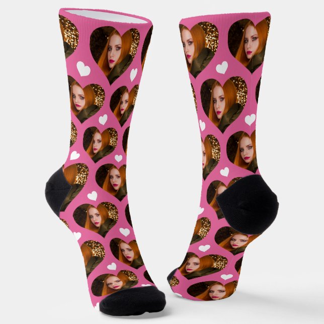 Personalised Wife Photo Heart Love Pink Socks (Angled)