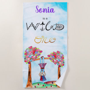 Personalised WILD ONE Boho Paint Purple Pink Girl Beach Towel
