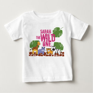 Personalised WILD ONE Safari First Birthday Pink Baby T-Shirt