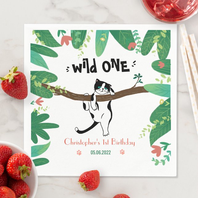 Personalised Wild One Tuxedo Cat Kids 1st Birthday Napkin (Creator Uploaded)