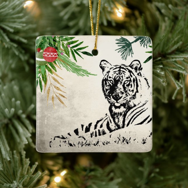 Personalised Wild Tiger and Palm Fronds Christmas Ceramic Ornament (Tree)