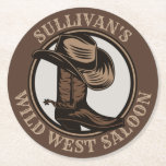 Personalised Wild West Saloon Western Cowboy Boots Round Paper Coaster<br><div class="desc">Customisable NAME Western Cowboy Hat,  Boots and Spurs Wild West Saloon Rodeo design. Personalise with your Name or Custom Text!</div>