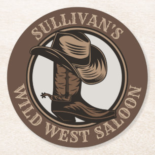 Personalised Wild West Saloon Western Cowboy Boots Round Paper Coaster